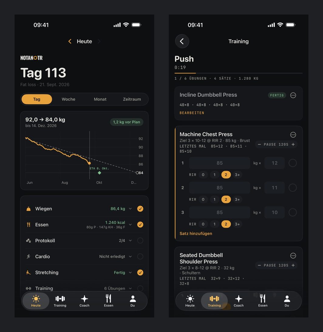 Zwei Bildschirme der NOTANOTR-App: links die Tagesansicht mit Gewichtsverlauf, Essen und Training, rechts eine Trainingseinheit mit Gewicht, Wiederholungen und RIR pro Satz und den Werten vom letzten Mal